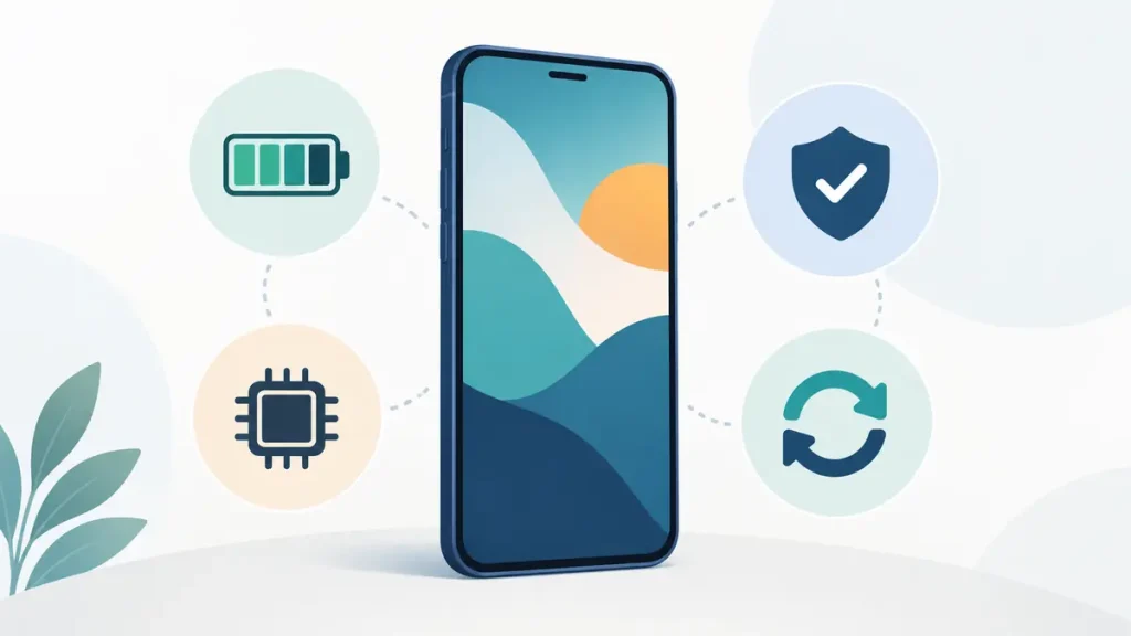 Smartphone with battery, hardware, security, and software-support indicators