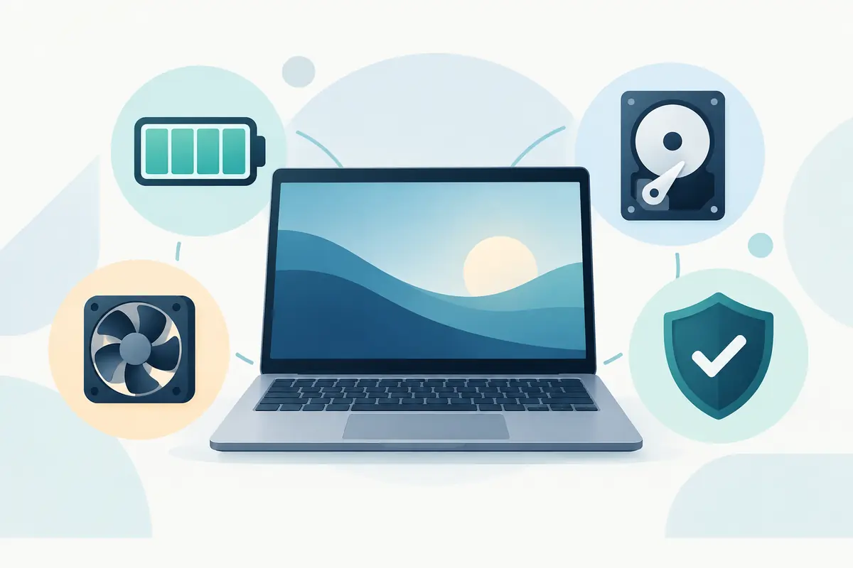 Illustration of a laptop with battery, cooling, storage, and security support indicators