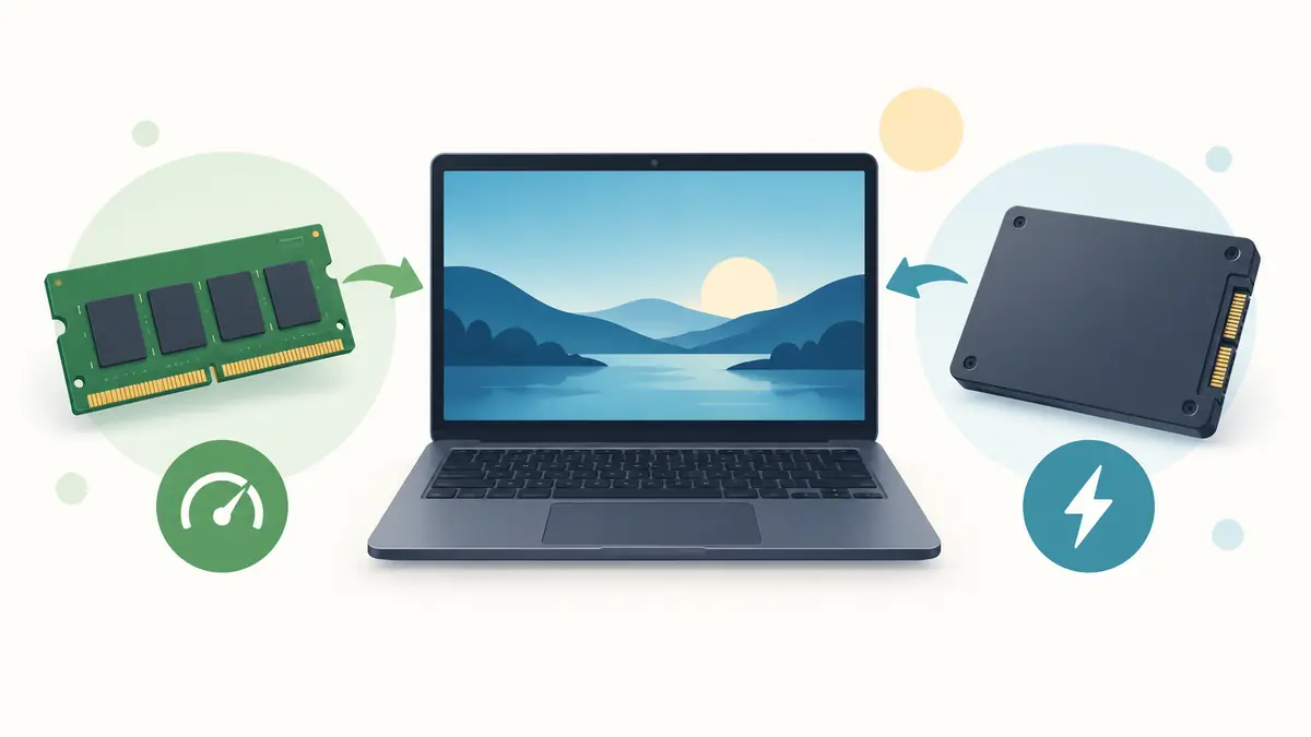 Laptop between a RAM module and a solid-state drive
