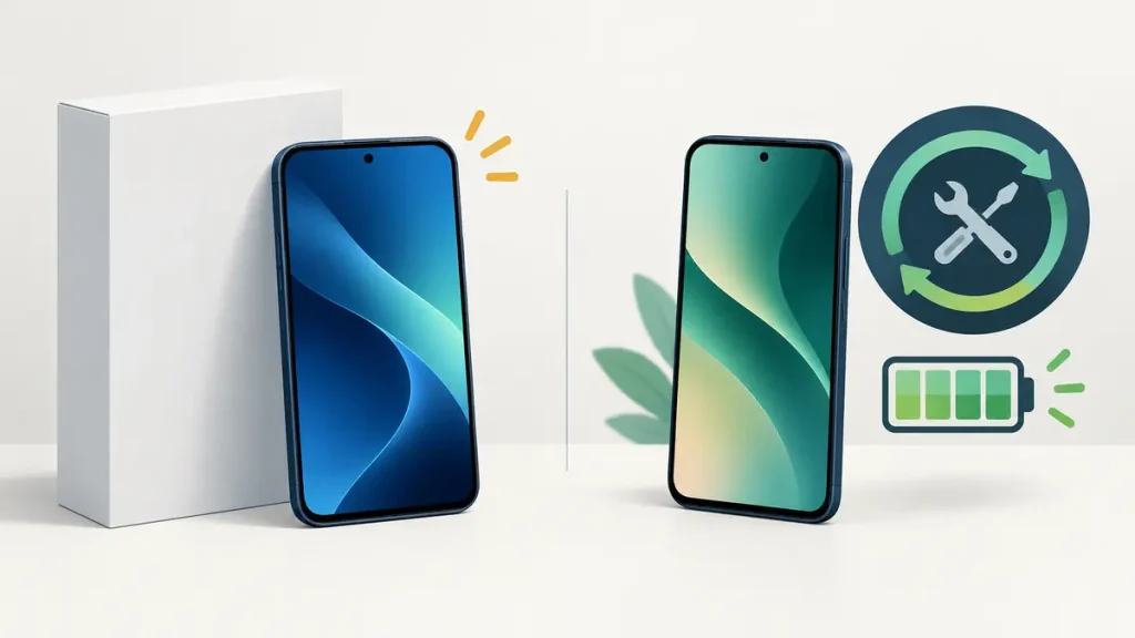 New phone beside a refurbished phone with repair and battery indicators