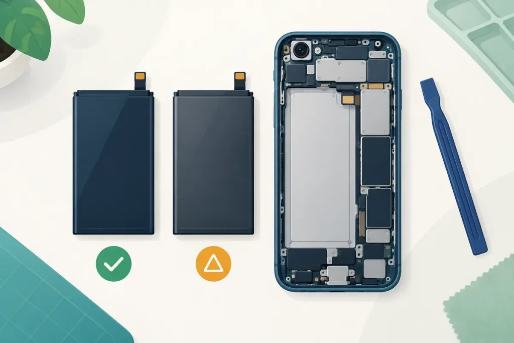 Opened smartphone beside two replacement battery options