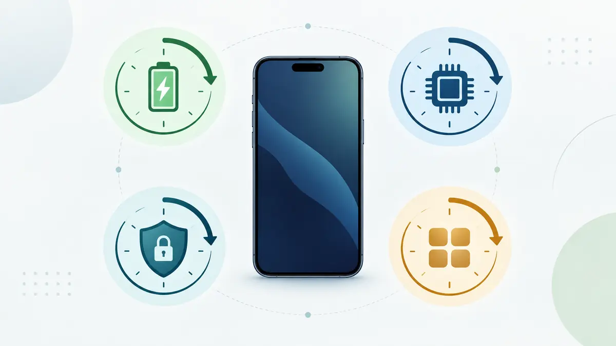 Smartphone surrounded by battery, hardware, security, and app-support clocks