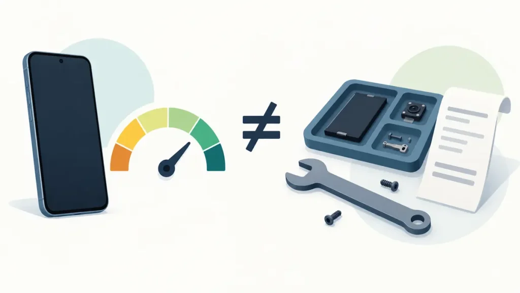 Repairability rating compared with actual parts and repair work