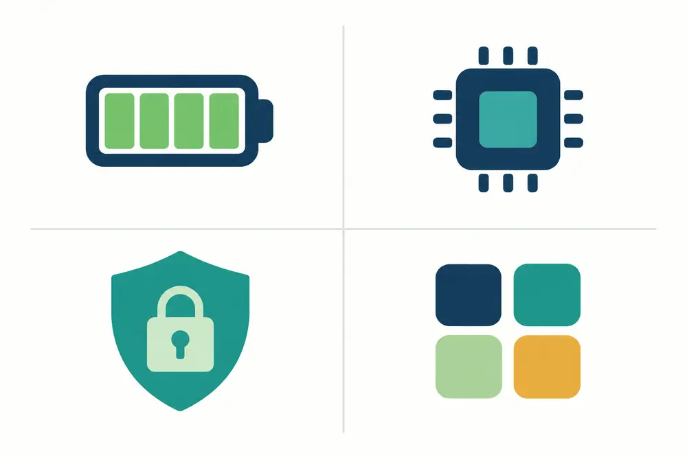 Four-part phone check covering battery, hardware, security, and app support