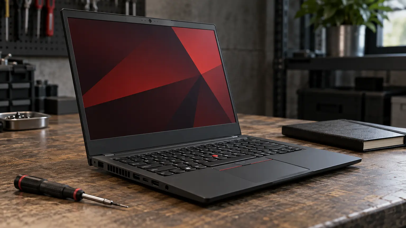 Editorial illustration of a black business laptop on a workbench